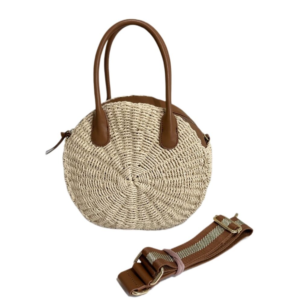 Talbots Straw Round Bag | Paper Straw & Leather | Crossbody/Handbag - Picture 7 of 16